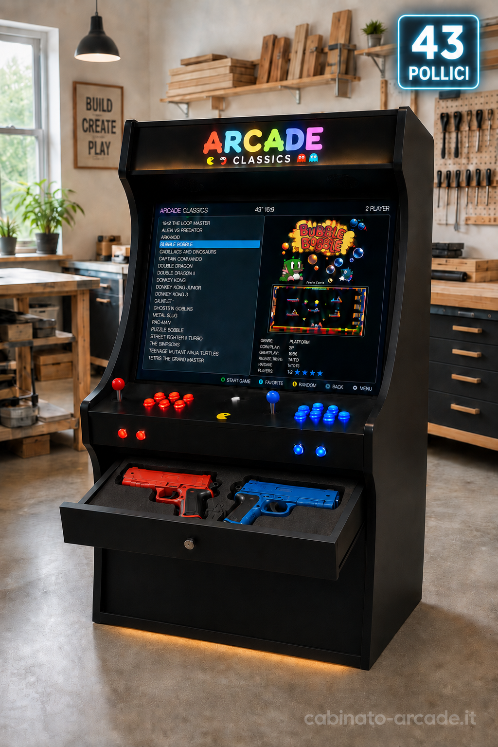 Render illustrativo del Cabinato Arcade 43 pollici con cassetto lightgun aperto e due pistole riposte