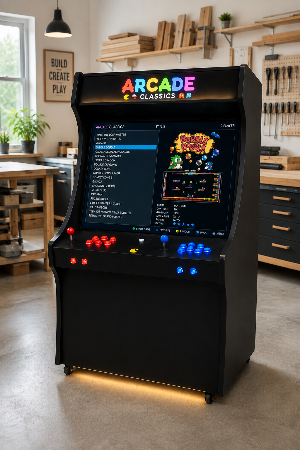 Render illustrativo del Cabinato Arcade 43 pollici nero con marquee retroilluminato e LED inferiore